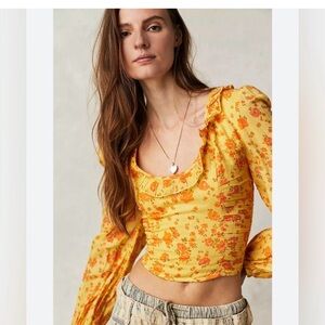 Free People Another Life Printed Top Smocked Tie Back Crop Large